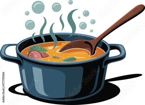 Hot boiling pot of soup with a wooden spoon for a homemade meal cartoon vector illustration