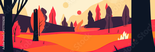 Wildfire forest landscape with burning trees and smoke minimalist vector illustration in flat warm tones summer fire disaster concept background