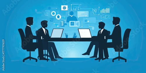 Silhouettes of business people in formal attire working on laptops at conference table with digital technology icons and data analysis in background vector illustration