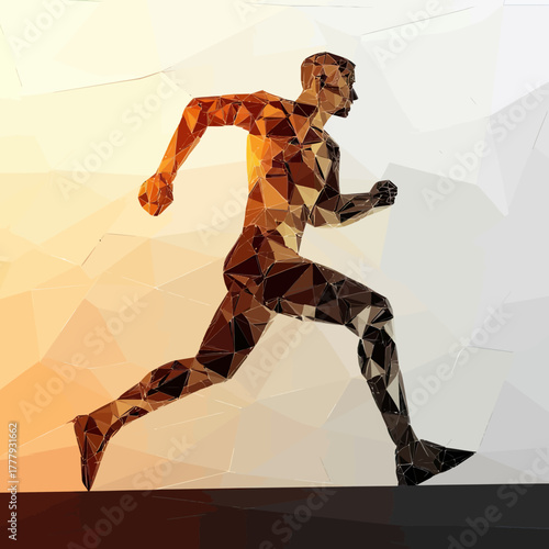 Polygonal low poly running male athlete silhouette in dynamic sprint pose with warm gradient lighting and geometric abstract background vector illustration