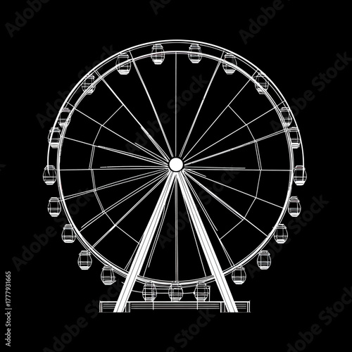 White line art vector illustration of ferris wheel front view with multiple gondolas isolated on black background minimalistic amusement park attraction design concept