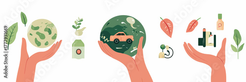 Flat minimalist vector illustration of human hands holding earth globe with eco friendly car, plant sprout, leaves, and green energy symbols representing sustainability and environmental care