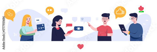 Flat minimalist vector illustration of diverse people interacting with social media icons including chat bubbles, likes, shares, and WiFi signals in modern communication concept