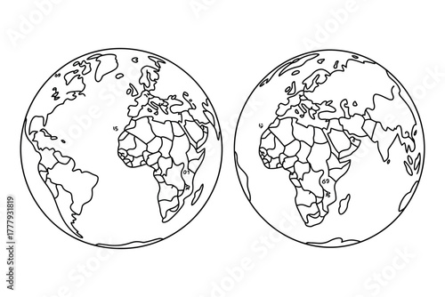 Two black and white line drawing globes showing continents and country borders