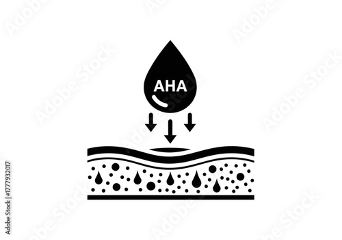 A illustration of a single AHA drop with downward arrows on skin layers for beauty and skincare treatment concept use case
