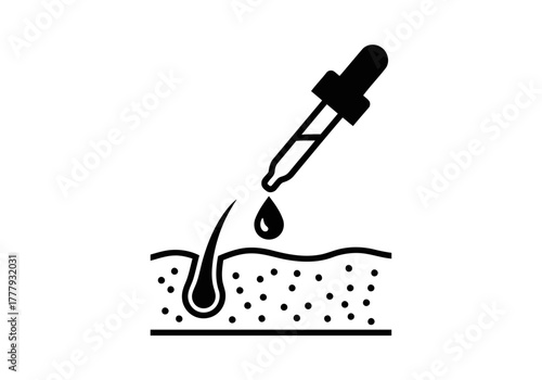Depiction of a hair serum dropper applying liquid to hair follicle for treatment and nourishment shown clearly