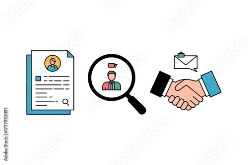 Illustration of resume magnifying glass and handshake representing job hiring process