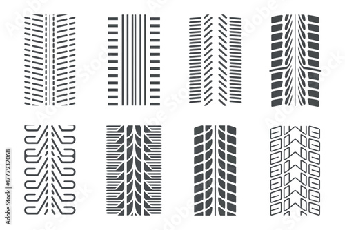Illustration of eight different tire tread patterns on a white background surface