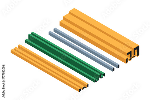 Isometric view of various colored metal bars arranged on a white background surface