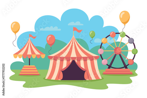 Cartoon illustration of a carnival with tents balloons and a ferris wheel scene