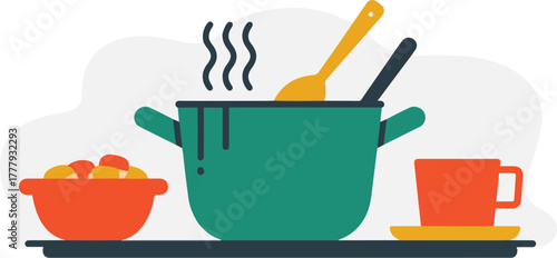 Hot cooking pot with steam and fresh ingredients for a homemade meal flat vector illustration