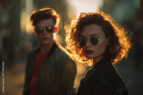 Fashionable Couple in Sunlight: A captivating moment of two young individuals in the warm glow of the setting sun.