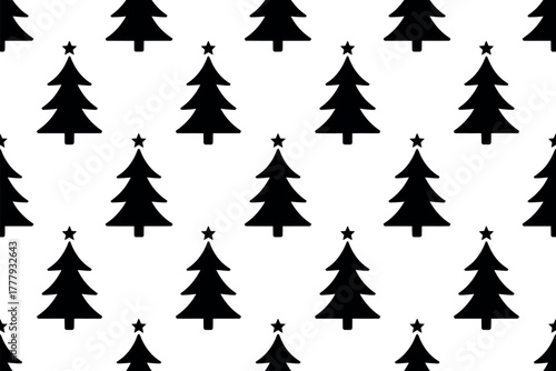 Seamless pattern of black christmas trees with stars on a white background design