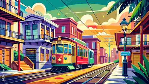 Very beautiful New Orleans, Louisiana, USA streetcars moving along historic tracks, colorful buildings and balconies in the background, lively atmosphere with warm sunlight casting soft shadows, iconi