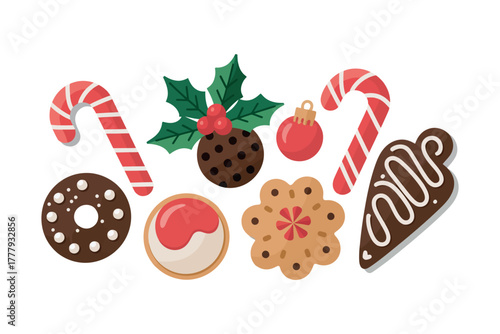 Illustration of christmas cookies and candy canes on a white background scene