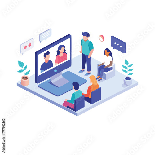 Engage your audience with this vibrant 3D isometric illustration of an online meeting, perfect for remote work and virtual collaboration concepts.
