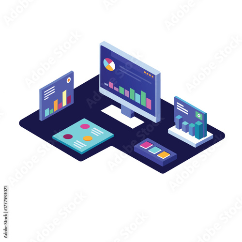 3D Isometric Data Analysis Dashboard. Floating Screens, Charts, and Graphs Visualizing Business Intelligence and Performance Metrics for a Modern Workspace