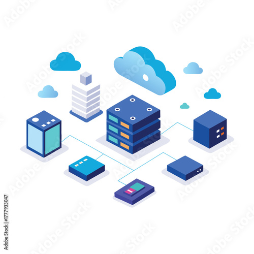 Modern 3D isometric design showcasing cloud computing, data servers, and wireless networks. Perfect for illustrating IT infrastructure and tech solutions.
