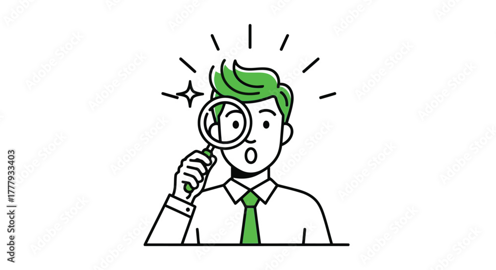 Fototapeta premium Vector illustration of man with green hair looking through a magnifying glass with a surprised expression