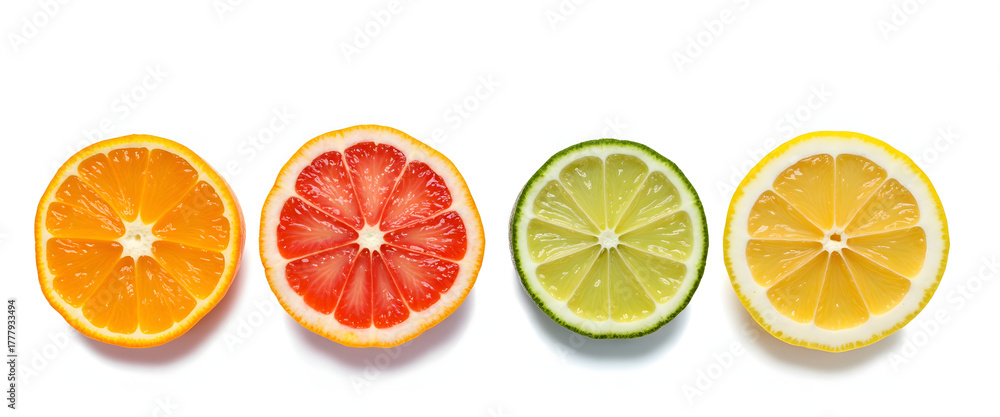 Fototapeta premium Citrus fruit slices arranged in a row on a white background
