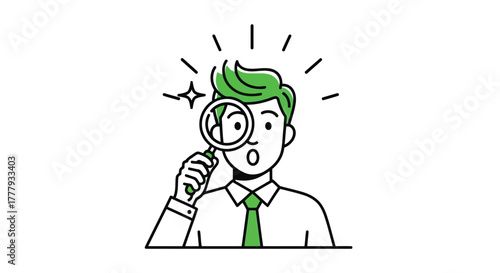 Vector illustration of man with green hair looking through a magnifying glass with a surprised expression