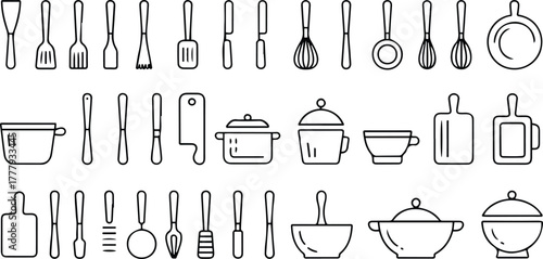 Large collection of kitchen utensil and cookware line icons for cooking isolated vector illustration