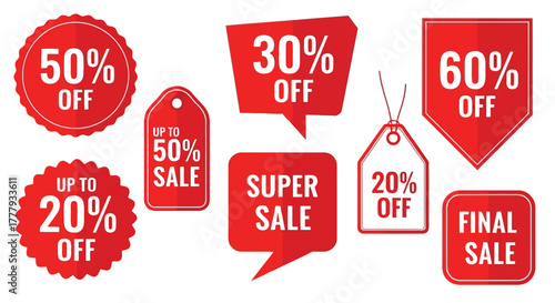 Vector illustration of collection of red sale tags and stickers with various discount percentages like 50 off, 30 off, 60 off, and final sale
