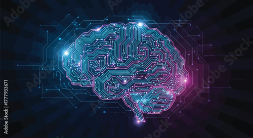 Vector illustration of digital brain with glowing circuits and nodes, representing artificial intelligence and neural networks in a futuristic technological concept
