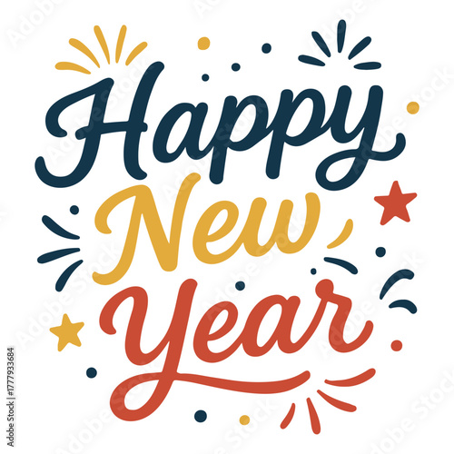 Celebrate the arrival of a new year with this festive and joyful "Happy New Year" text design, featuring vibrant colors and celebratory elements