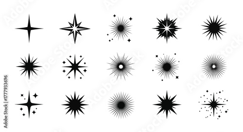 Vector illustration of a collection of various starburst and sparkle icons, representing light, shine, and brilliance, isolated on a