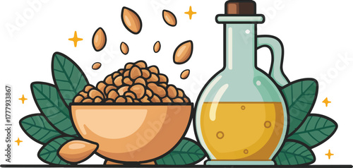 Natural almond oil in a glass bottle with a bowl of almonds for healthy food or cosmetic concept vector illustration
