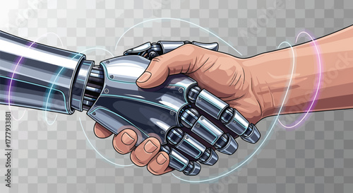Vector illustration of closeup of a human hand shaking a robotic hand, symbolizing partnership and collaboration between humans and artificial intelligence