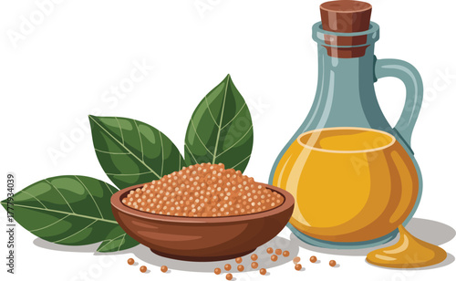 Natural mustard oil with seeds and leaves for cooking ingredient isolated vector illustration