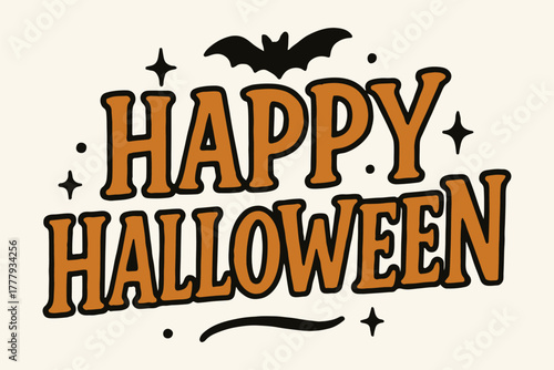 Spooky season wishes with a cheerful Happy Halloween message, decorated with a playful bat and shimmering accents in a retro illustration style
