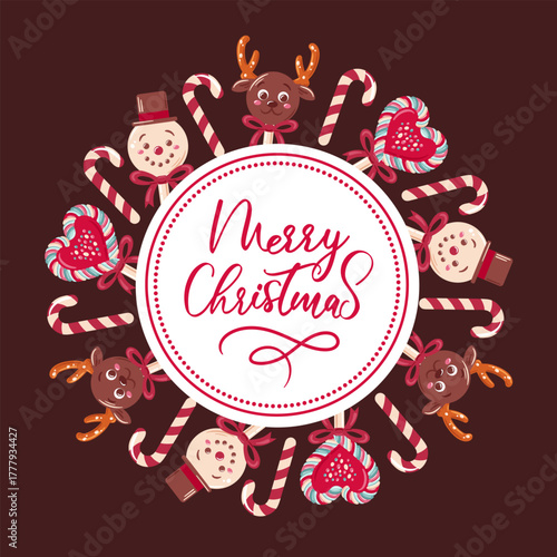 Merry Christmas. A festive round frame featuring a deer, snowman, and candy canes creates a whimsical holiday scene.