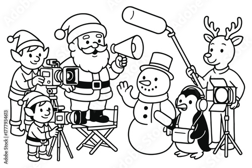 Santa and friends filming a christmas movie with cameras and microphones