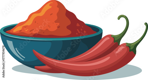 Red hot chili peppers and a bowl of ground chili powder spice for cooking isolated vector illustration