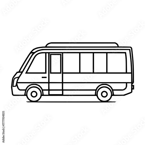 Illustration of a white minibus with black outlines showing a door and several windows on its side view
