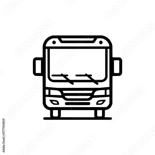 Illustration of a bus front view with windshield wipers and headlights in black and white outline style
