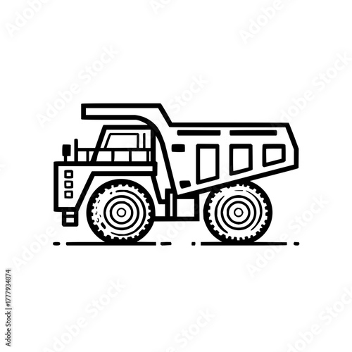 Illustration of a heavy duty dump truck with large tires and a geometric design in black outline
