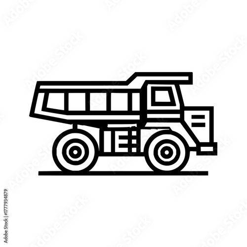 Illustration of a heavy construction dump truck with large wheels in a simple line drawing style