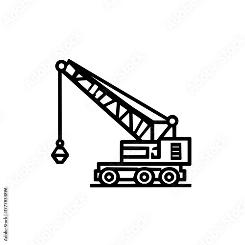 Simple black outline illustration of a mobile crane with a suspended weight on a white background