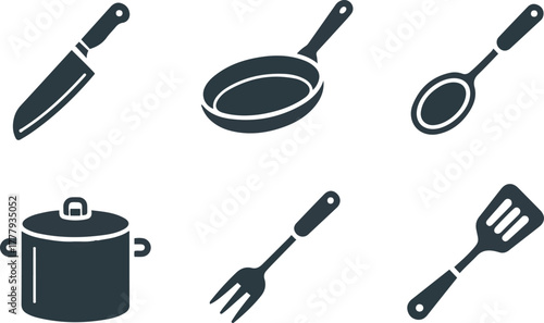 Simple kitchen utensil and cookware glyph icon set for cooking isolated vector illustration