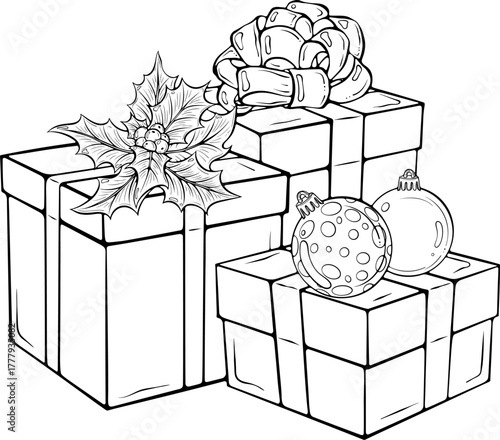 Christmas composition with gift boxes decorated bow made of ribbon, holly, tree balls. For holiday card, poster. Vector illustration in hand drawn sketch style. Line art isolated on white for print