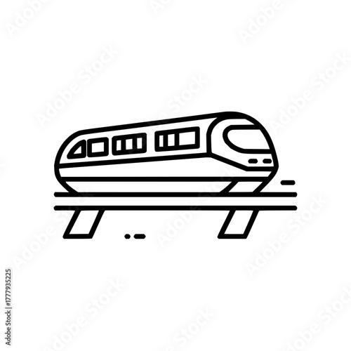 Illustration of a modern train on an elevated track with visible windows and sleek design elements shown