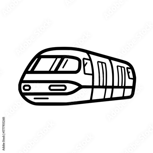 Illustration of a modern high speed train with sleek design and multiple windows in black outline style
