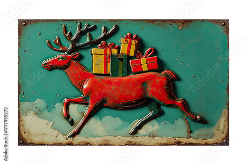 Vintage Red Reindeer With Gift Boxes on Turquoise Background – Christmas Decorative Sign. transparent PNG.