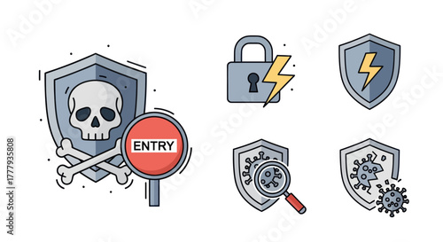 Security Icons: Shields Skull Lock and Entry Sign.