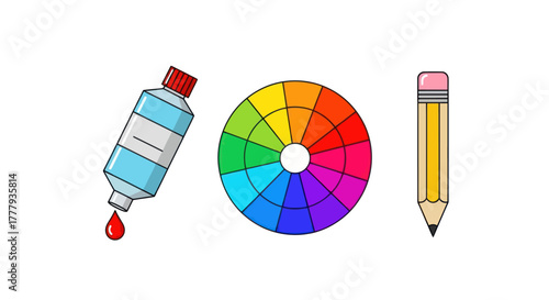 Colorful Illustration of Art Supplies: Bottle Color Wheel and Pencil.