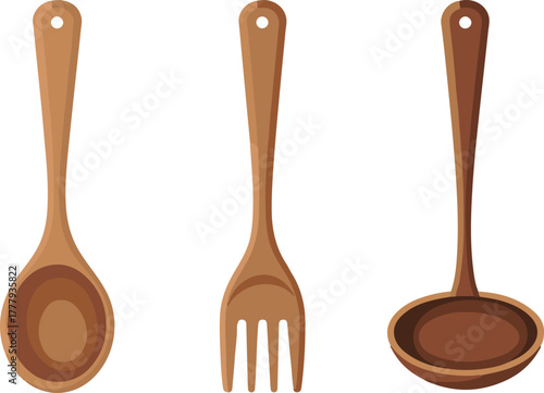 Wooden kitchen utensil set with spoon fork and ladle for cooking isolated vector illustration